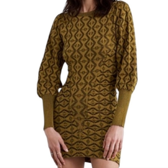 Zara Dresses & Skirts - Zara Mustard & Black Patterned Bodycon Dress Long Puff Sleeves